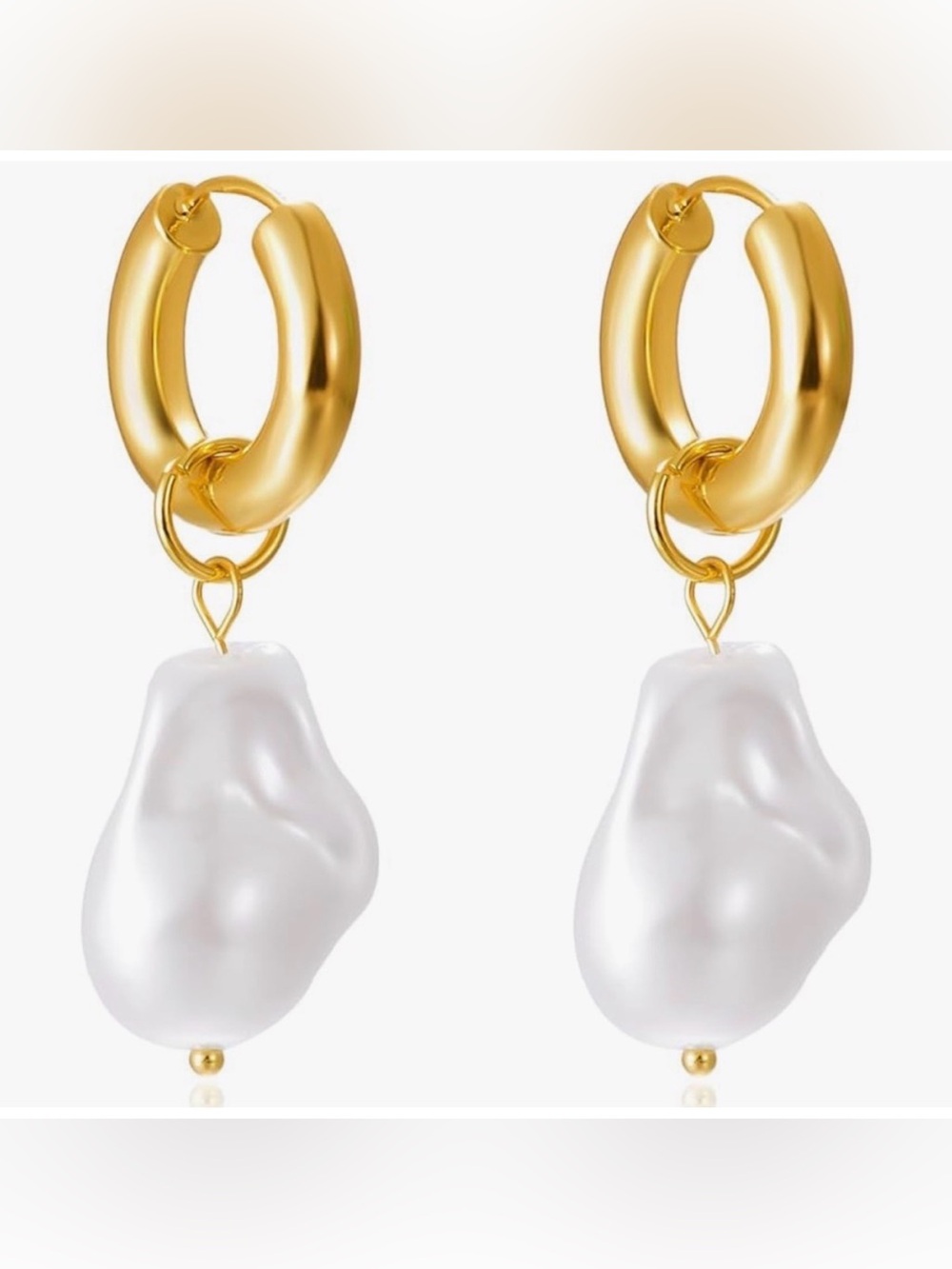 Gold Hoop Earrings with Irregular Pearl Drop Chic Statement Jewelry - Picture 10 of 10